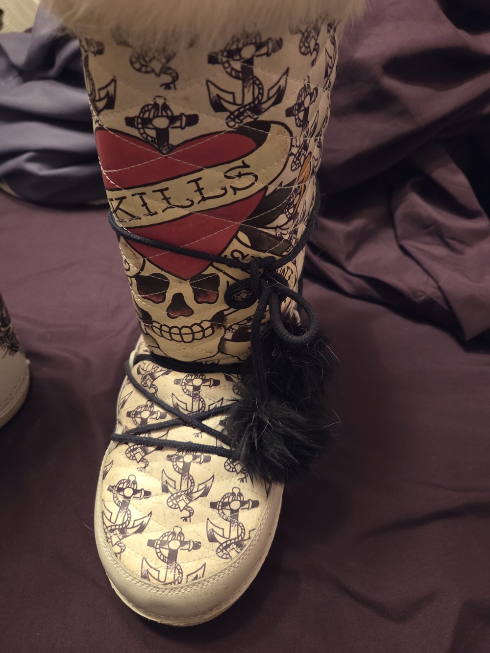 Ed Hardy Boot with Red Heart and Black Skull Graphic